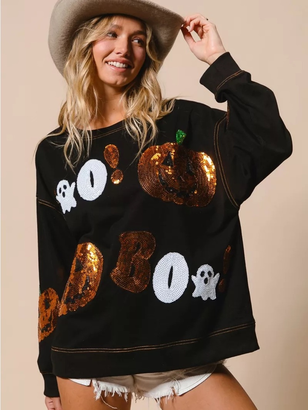 BiBi Black Sequin Pumpkin & Ghost Crewneck Sweater